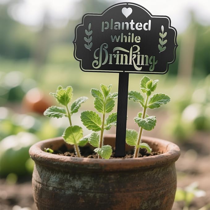 CUTHOLLOW Metal Plant Marker Stake Planted While Drinking for Outdoor Indoor, Waterproof 11.8 inch Cute Garden Plant Labels Sign Tag for Vegetables, Farmhouse Greenhouse Decor - Funny Gardening Gifts