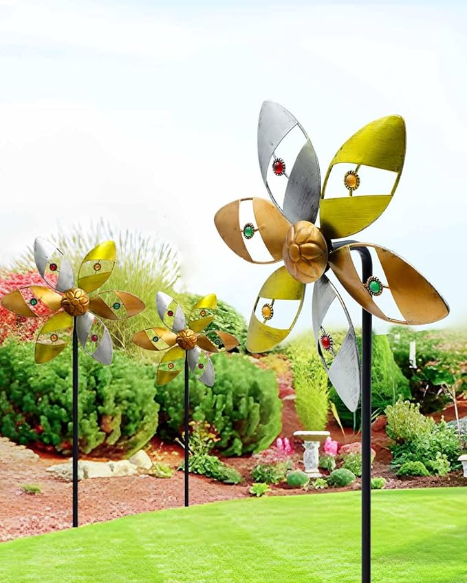 Wind Spinners Outdoor Metal, 10.63" W*37" H Pinwheels for Yard and Garden Decor, Kinetic Wind Sculpture Spinner (Gold Ornate Crystal Bead)