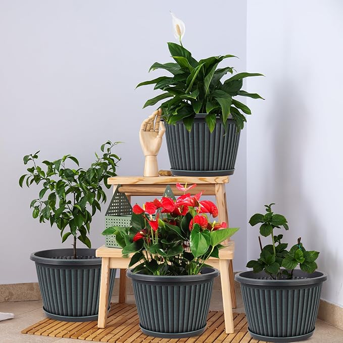 Planter-Pots-for-Plants-Indoor-Outdoor, 4 Pack 10 Inch Plastic Flower Pots with Saucer & Drainage Holes, Modern Garden Planters for Planting Medium Large Plants,Decorative Resin Garden Pots