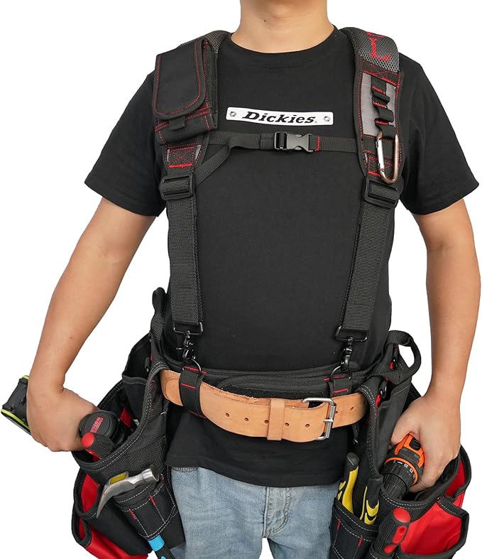 MELOTOUGH Gel Padded Tool Belt Suspenders Work Belt Suspender Tool Belt Suspenders with Gel shoulder for Electrician,Contruction,Carpenter (Trigger Snap Hook with Red Color)