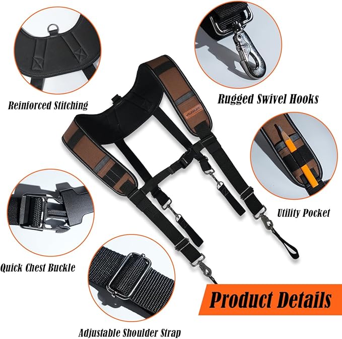 WELKINLAND Heavy Duty Tool Belt Suspender, Comfy Padded Tool Belt Suspender, Fully-Adjustable Tool Bag Suspenders, RipStop Suspenders For Tool Belt, Tool Belt Suspenders For Men/Carpenter