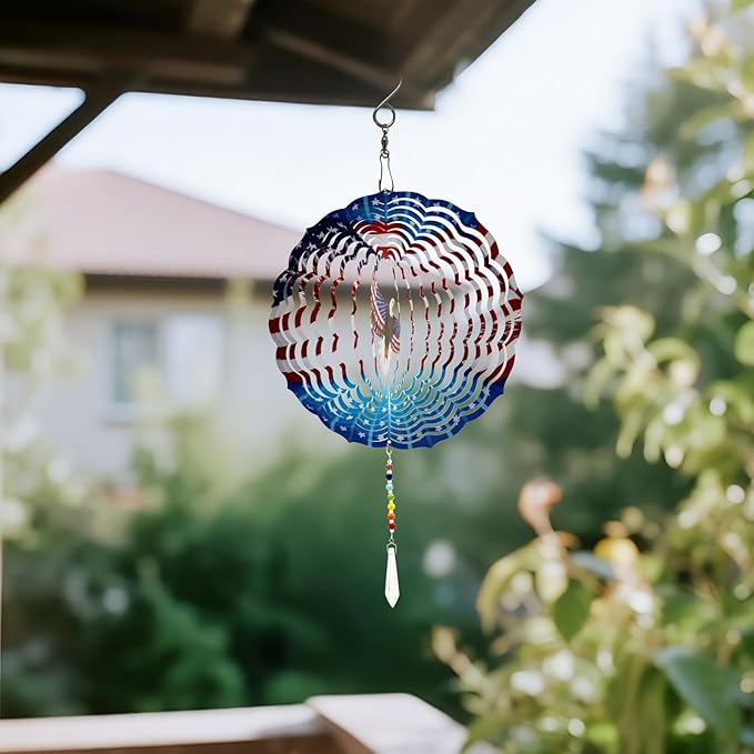 American Eagle Wind Spinner Crystal Tail, Marzovitra 10 inch 3D Stainless Steel Hanging Wind Spinner Metal Wind Catchers Kinetic Sculpture for Indoor,Outdoor Garden Decor,Yard Art