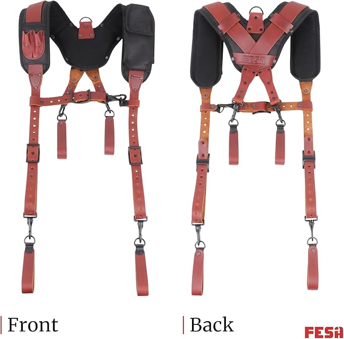 FESA Leather Tool Belt Suspenders for Men with Breathable Mesh Padding, Front Pockets & 4 Loops for Attachment to Work Belts