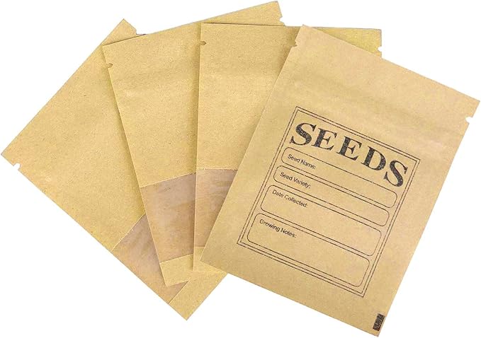 FERENLI 100 Pack Seed Envelopes Packets with Clear Window 2.7x3.7 inch Small Resealable Brown Kraft Paper Bags with Preprinted Collecting Template for Storage Organizing Flower Vegetable Seeds