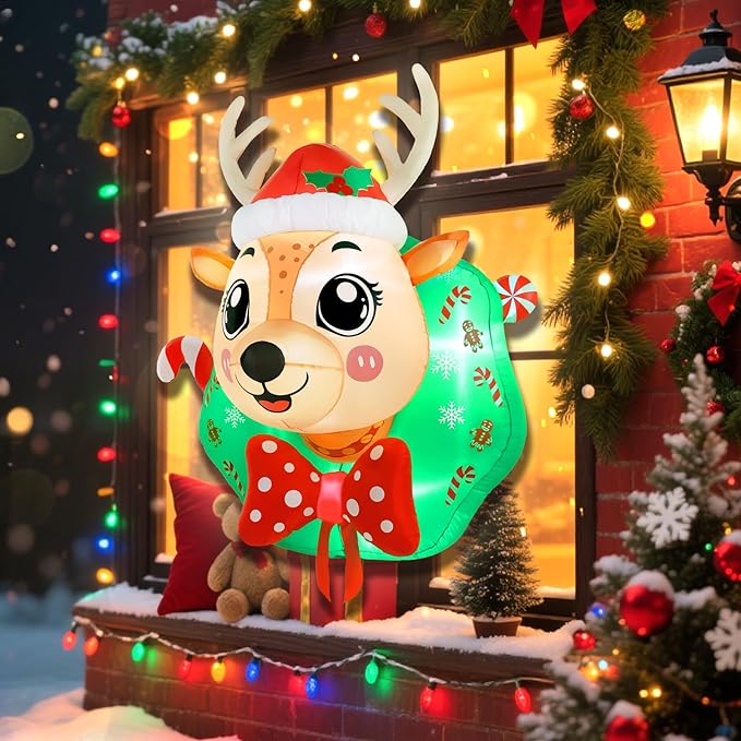 5FT Christmas Reindeer Inflatable Outdoor Yard Decoration Blow Up Inflatables Window Wreath with LED Lights for Xmas Holiday Décor