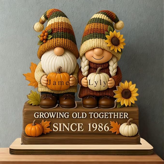 Personalized Growing Old Together Since Gnome Figurines Plaque, Custom Gnome Couple Wood Standing Plaque, Gift for Couples and Grandparents