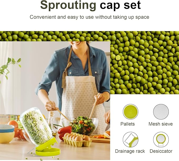 Wide Mouth Mason Jar Sprouting Kit with Sprouting Lids and Drainage Tray - Ideal for Bean, Alfalfa Sprouts and Microgreens, Vertical and Angled Placement Support(Two lids and two drip trays)