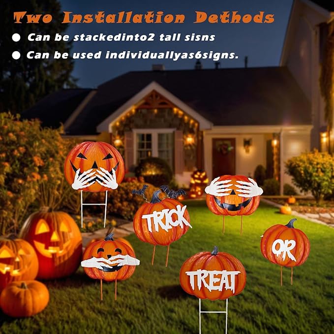 2Pack Glow in The Dark Halloween/Thanksgiving Garden Stakes โ Stacked Pumpkin Design, Outdoor Halloween Yard Decorations, Light Up Pathway Markers for Spooky Night