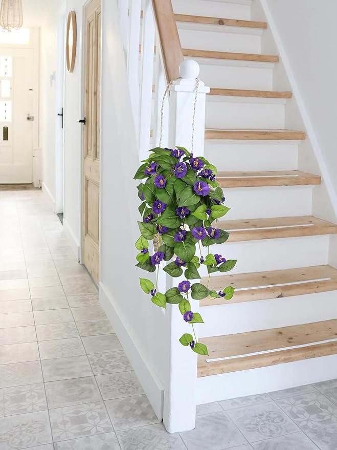 Briful Artificial Hanging Flowers 2 Pack 25.6" Fake Morning Glory Silk Floral Bush Faux Hanging Plants Outdoor Fake Flowers for Home Porch Garden Balcony Decoration(Purple)