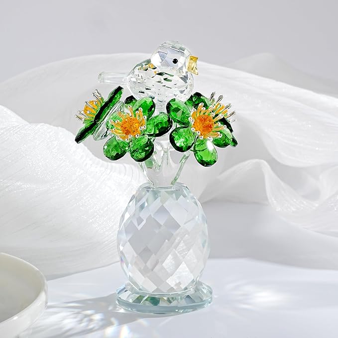 Crystal Bird & Forget-Me-Not Flower Figurine,3x4 inch Glass Flower Collectible Ornaments for Home Decor Table Centerpiece Glass Bouquet Flowers Keepsake Gifts for Women (Green)