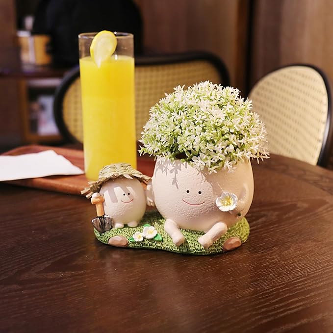 Smily Face Planter Pot with Cute Straw Hat Resin Head Planters with Drainage Hole for String of Pearls Plant Live Unique Succulent Pots for Indoor Outdoor Plants Gift IdeaI for Mother
