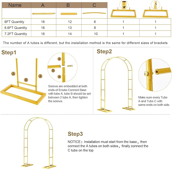 6.6FT Metal Wedding Arch Stand Gold Square Arched Backdrop Frame,Assemble Freely 3 Sizes,Metal Pergola Arbor with Base for Party Ceremony Birthday Bridal Baby Shower Garden Floral Balloon Arch Decor
