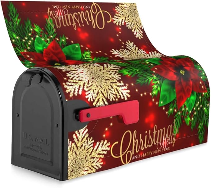 Christmas Mailbox Covers Poinsettia Gold Snowflake Xmas Magnetic Letter Post Box Cover Standard Size 21 x 18 Inch Garden Yard Home New Year Holiday Decorative