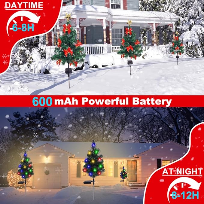 Solar Christmas Tree Lights Holiday Decorations, Outdoor Christmas Tree Waterproof Solar Xmas Garden Stake Lights, Prelit Xmas Trees for Outside Holiday Display Yard (Light+Bow, 1 Pc)