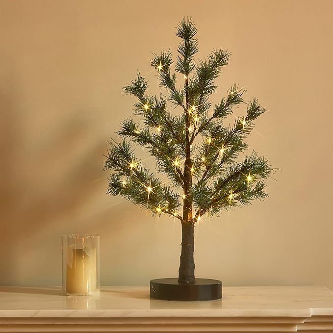 Fudios Lighted Christmas Pine Tree with Timer 60L Fairy Lights Battery Operated or USB Plug in18IN for Home and Holiday Decoration