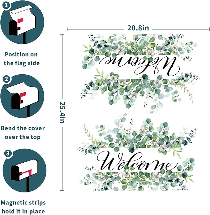 Welcome Spring Summer Mailbox Covers Magnetic- Large Size 25.5x21 Inch- Sage Green Eucalyptus Leaves Wreath Mailbox Wrap Letter Post Cover Decoration for Yard Garden Outdoor Home