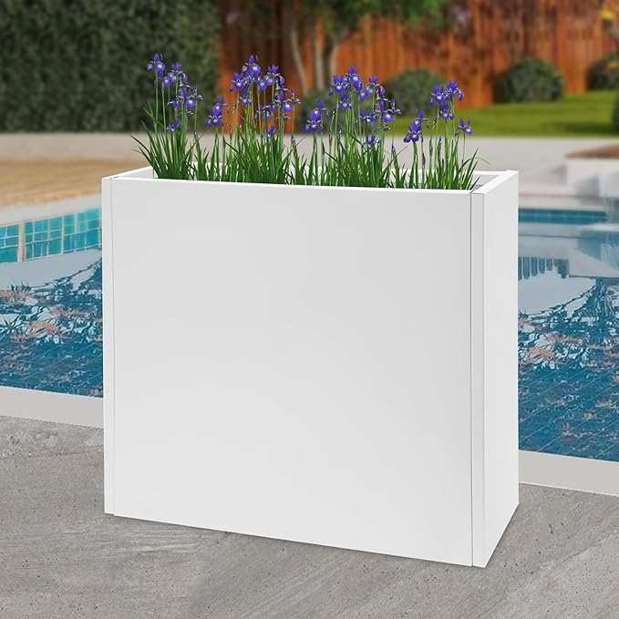Metal Planter Box, Tall Rectangular Raised Garden Bed with Removable Shelf and Drainage Holes, Modern Steel Garden Planter, Flower Planter Boxes for Patio, Yard & Porch, Outdoor (White, 34*10*30in)