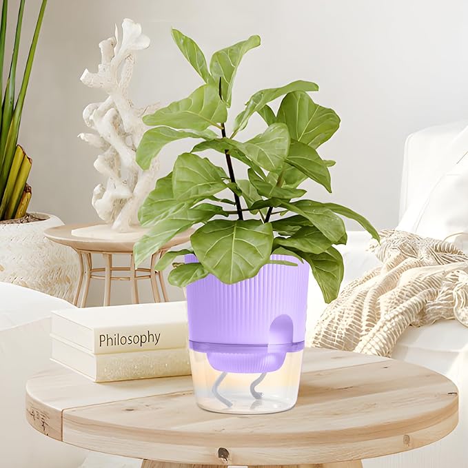 ZXJ 5.5 Inch Self Watering Planter Pots for Indoor Plants - African Violet Pots with Wick Rope - Purple