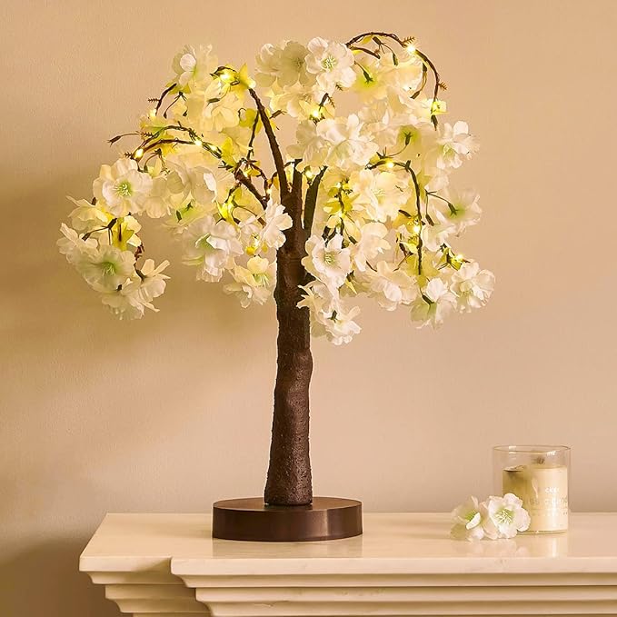 Fudios Lighted White Cherry Blossom Tree 40 LED 18IN Japanese Room Decor,Artificial Flower Tree with Lights Battery USB Plug for Wedding Party Summer Mantle Decoration