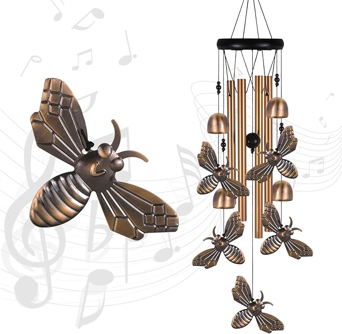 Bronze Bee Wind Chime, Gifts for Mom, Home, Garden, Balconies, Room, Patio, Indoor, Outdoor Bee Decoration, Bee Chimes, with 4 Aluminum Tubes 5 Bees Wind Chimes, Bee Wind Catcher, Bee Wind Bells Decor