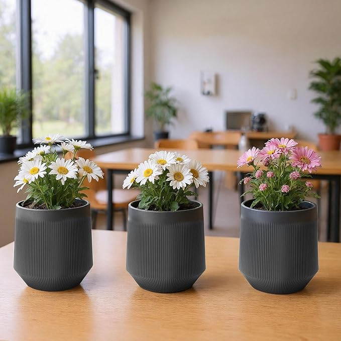 Plant Pots,Set of 3 Plastic Pots for Indoor Plants,Flower Pots Outdoor Planters with Drainage Hole and Seamless Saucer,Gray