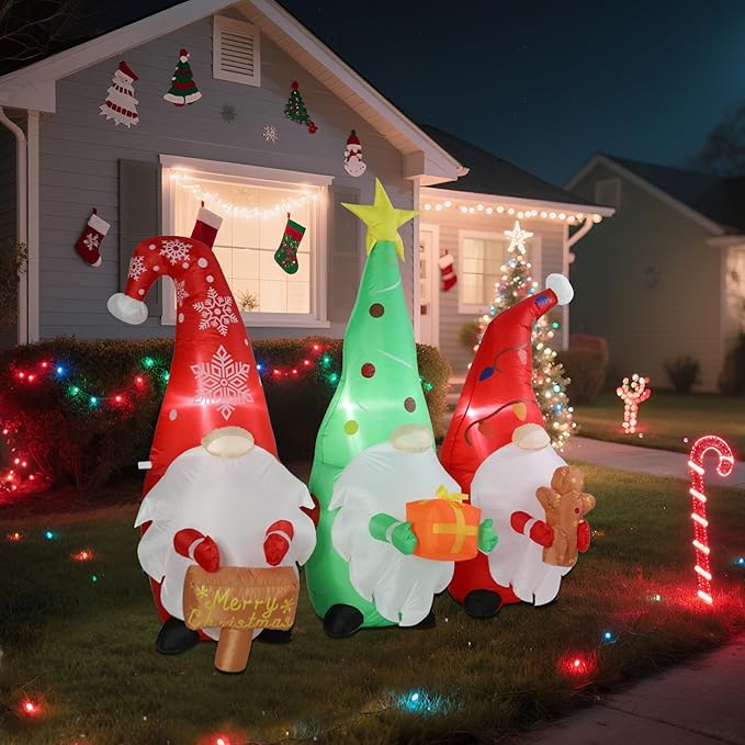 6 FT Long Christmas Gnomes Inflatable Outdoor Decorations, Inflatable Gnomes with Sign and Gingerbread Man Built-in LED Lights Blow Up Yard Decorations for Holiday Indoor Outdoor Party Garden Lawn