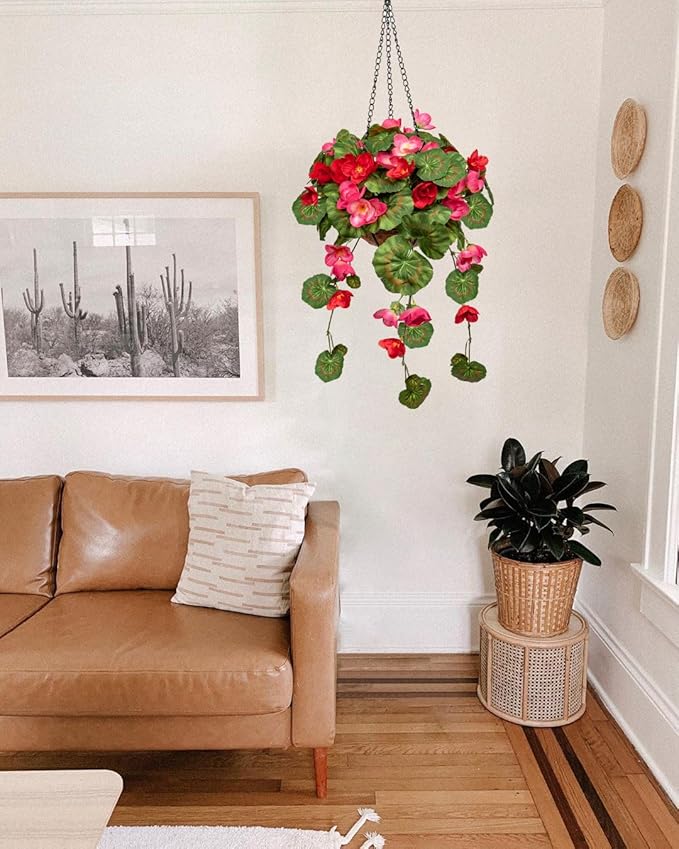 Briful Small Geraniums Fake Flowers Hanging Basket, Realistic Silk Vine Faux Flowers,Begonia Artificial Flowers, 5 ⅞’’ Coconut Basket, for Home Farmhouse Balcony Indoor Outdoor Patio Garden Decor