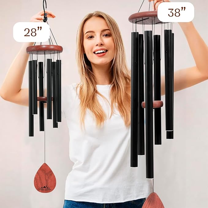 UpBlend XL Wind Chimes for Outside Gift – Deep Tone Wind Chime with Decorative Stone – Porch & Patio Decor, Elegant Outdoor Ornament, Garden Gifts. 38” Black.