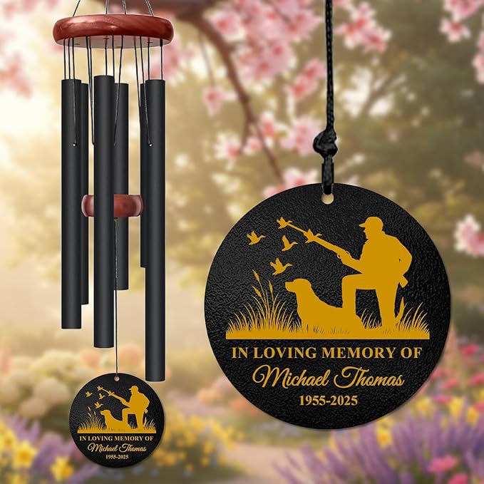 Personalized Hunter & Dog Memorial Wind Chime – “in Loving Memory of” Golden Engraved Hunting Scene – Custom Name & Years Sympathy Gift – Windchimes for Loss of Loved One – Nature Tribute Décor