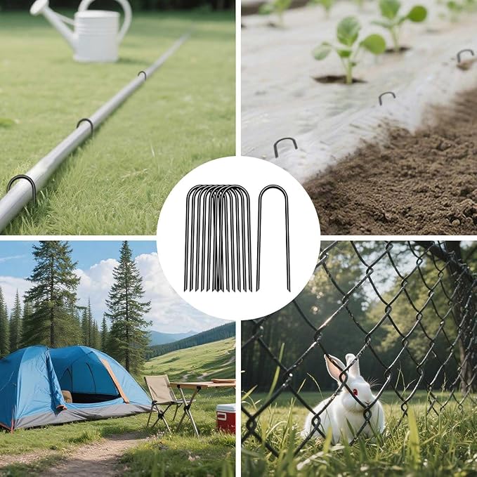 8 inch 20 Pack U Shape Black Garden Stakes,11 Gauge Garden Pins,U-Shaped Tent Stakes,Galvanized Landscape Staples for Yard Lawn,Tube, Landscape Fabrics,Irrigation Hose and Weed Barriers