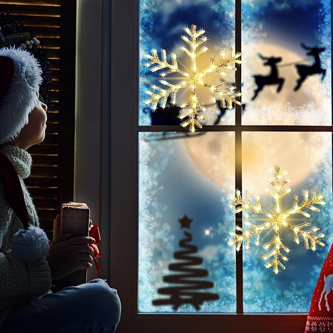 Christmas Window Snowflake Lights Decorations, Battery Operated Led Hanging Iron Lights, 8 Lighting Modes for Home Bedroom Indoor Outdoor Wall Holiday Decor (Warm White, 2 Pack)
