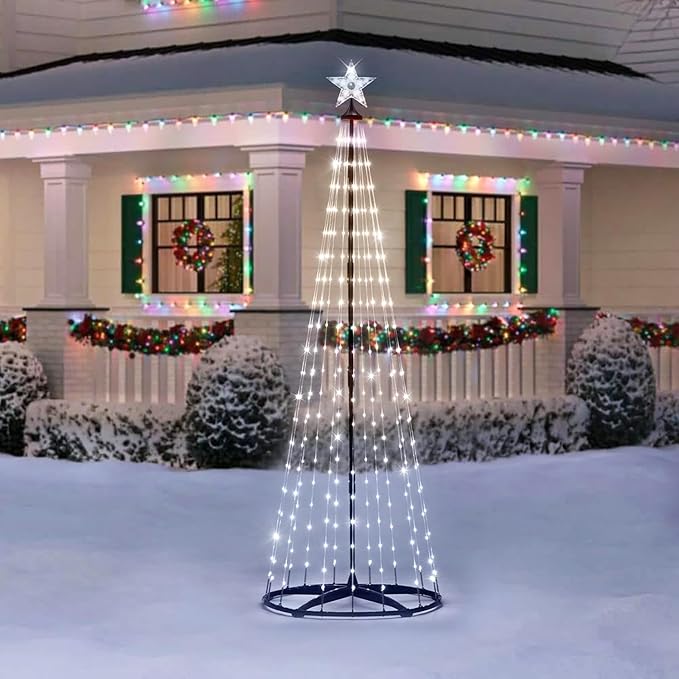 Christmas Outdoor Lighted Trees 7FT Prelit Christmas Cone Tree with 310 LEDs 8 Lighting Modes and Timer for Indoor Outdoor Xmas Porch Lawn