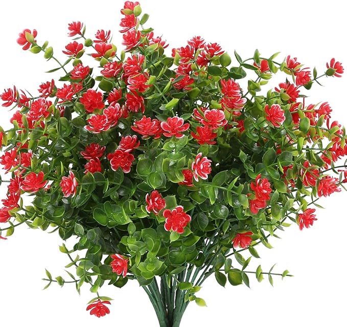 6 Bundles Artificial Flowers, Fake Artificial Greenery UV Resistant No Fade Faux Plastic Plants for Wedding Bridle Bouquet Indoor Outdoor Home Garden Kitchen Office Table Vase (Red)