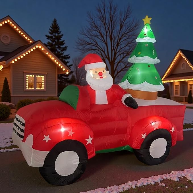 8 FT Christmas Inflatables Santa Claus in Sleigh with Two Reindeer Outdoor Decorations Blow Up Yard Santa Claus with Built-in LEDs (Santa Claus Outdoor Decorations)