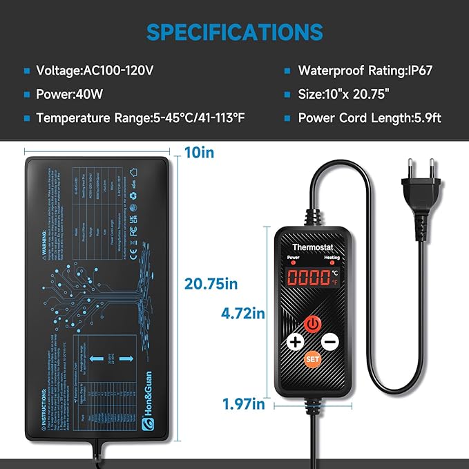 Hon&Guan 2 Packs 10"x 20.75" Seedling Heat Mat with Digital Thermostat Combo Set,Waterproof Plant Heating Pad for Germination,Indoor Gardening,Greenhouse