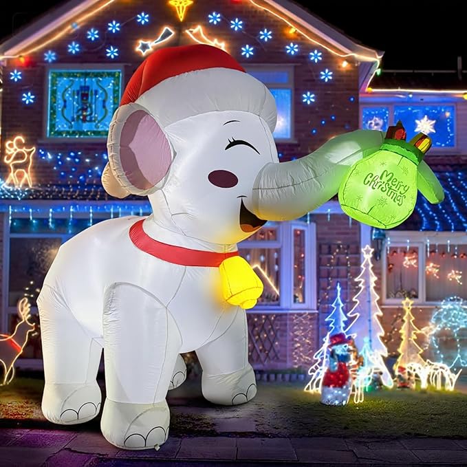 11FT Long Christmas Inflatables White Elephant with Gift Box, Christmas Blow Ups White Elephant Gift Exchange Theme Decoration, Built-in LEDs for Holiday Party Garden Lawn Yard Patio Outdoor