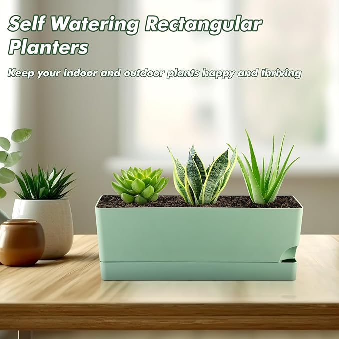 4 Pack Self Watering Pots for Indoor Plants 17 Inches Window Boxes Planters Rectangular Flower Pots Rectangle Herb Pots Large Plant Pots with Drainage Holes and Saucers Windowsill Planter, Green