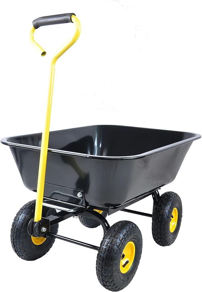 Metal Wheelbarrow, Easy Loading and Dumping Garden Cart with Steel Tray, Durable Heavy Duty Utility Trolley for Transporting, Soil, Sand (Black, 4 Wheels-75L)