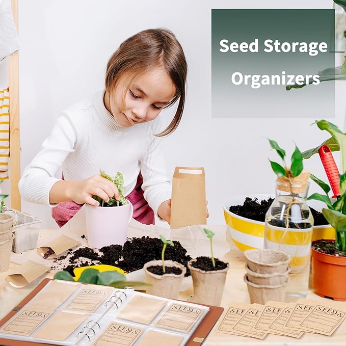Garden Seed Storage Organizer Binder - 150 Resealable Seed Envelopes Brown Shell with 40 Sheet Protectors for Efficient Seed Packet Organization - Green