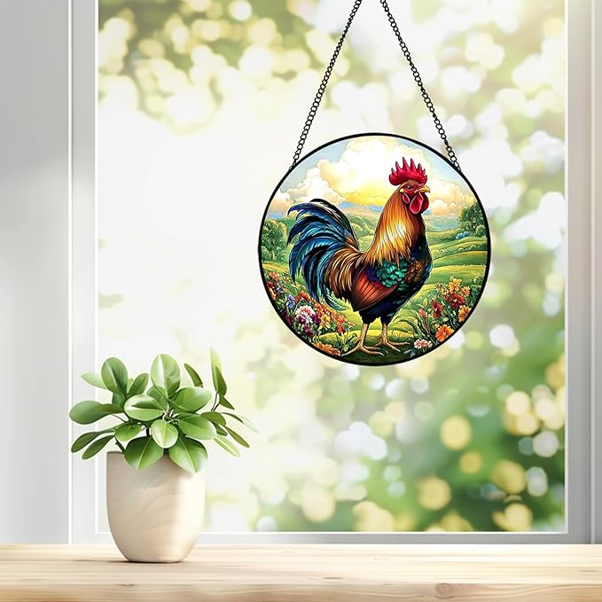 Rooster Sun Catchers Indoor Window, 20cm/7.87in Rooster Stained Glass Ornaments, Chicken Themed Gifts Women