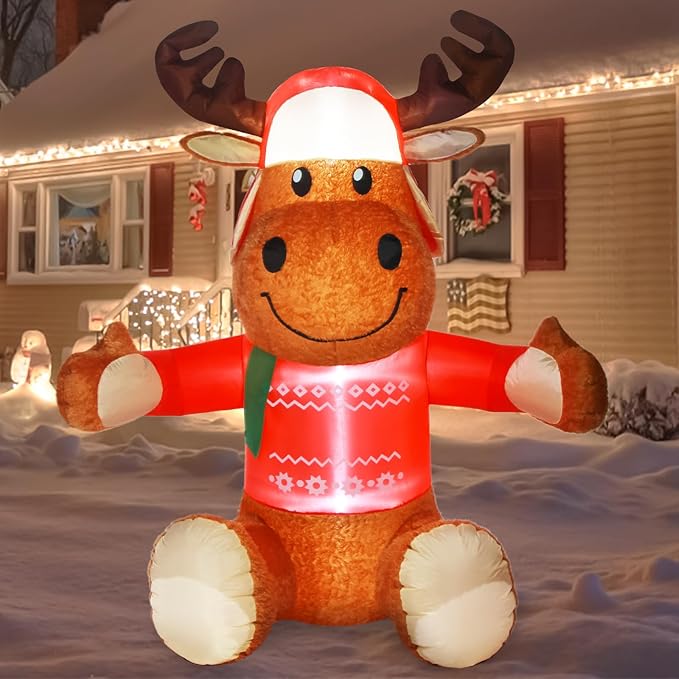 6 FT Christmas Inflatable Outdoor Decorations, Inflatables Plush Reindeer Yard Decor with Christmas Hat & Sweater, Built-in LED Lights Blow up Xmas Deer Holiday Decorations for Outside Lawn Garden