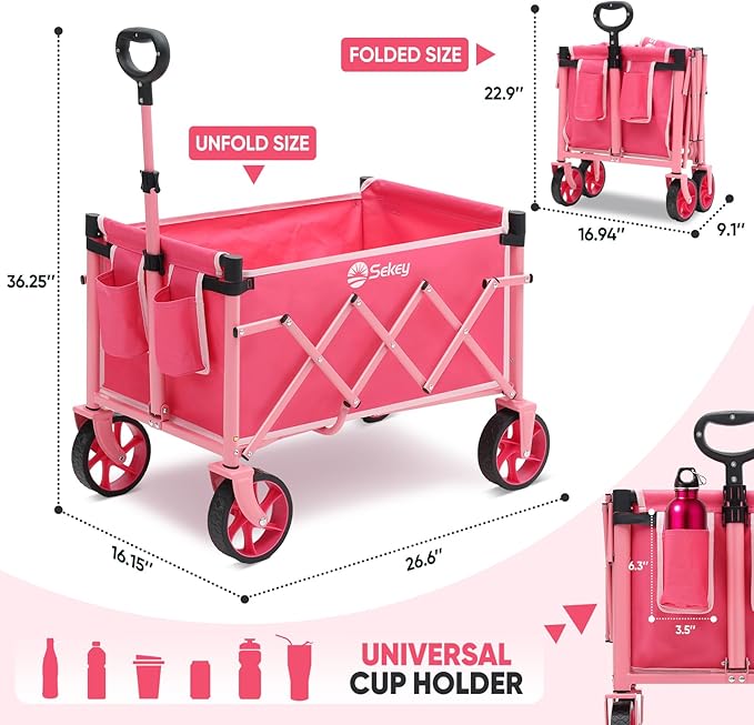 Sekey Wagon Cart with Wheels with 220LBS Capacity,Heavy Duty Wagon Carts Foldable with Drink Holders,Lightweight Utility Portable Cart for Grocery, Shopping, Garden, Camping. Pink
