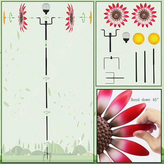 Decorative Metal Garden Daisy-Style Rotator, Decorative Garden Post, Daisy-Style Sculpture Courtyard. Outdoor Courtyard Art. (Red)