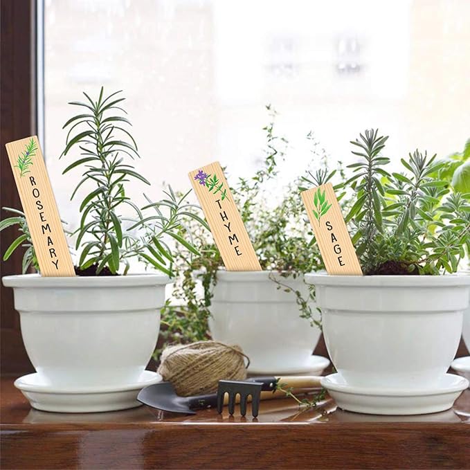 Huray Rayho 12PCS Wooden Indoor Herb Plant Labels Signs - Assorted Indoor Garden Stakes - Re-Usable Plant Tags