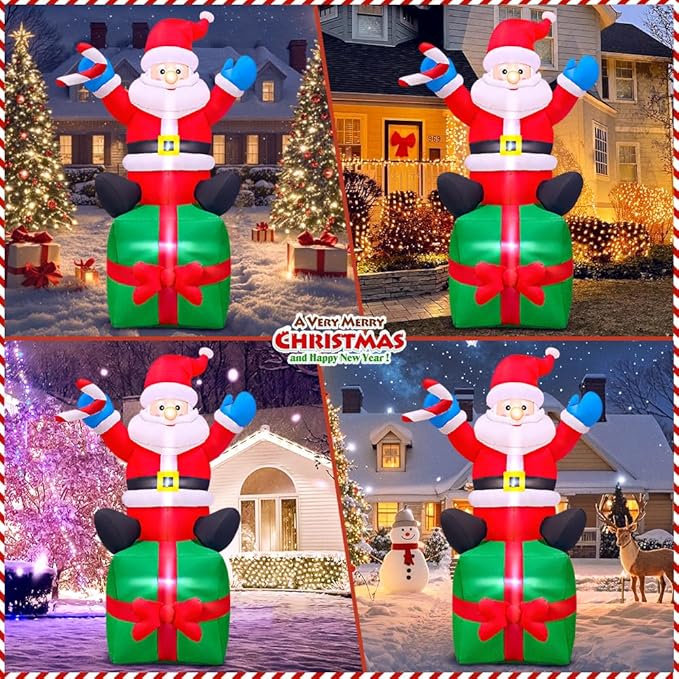 6FT Christmas Santa Inflatables Outdoor Decorations Santa Claus with Gift Box Blow Up Yard Decorations,Built-in LED Lights for Outdoor Christmas Party Yard Garden Lawn Xmas Decoration