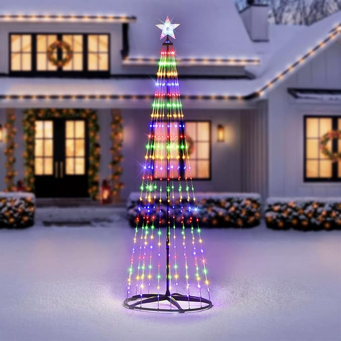 7 ft Lighted Outdoor Christmas Tree, 310 LEDs Pre-lit Christmas Cone Tree with Star Topper for Indoor and Outdoor Holiday Decorations (Multi Color)