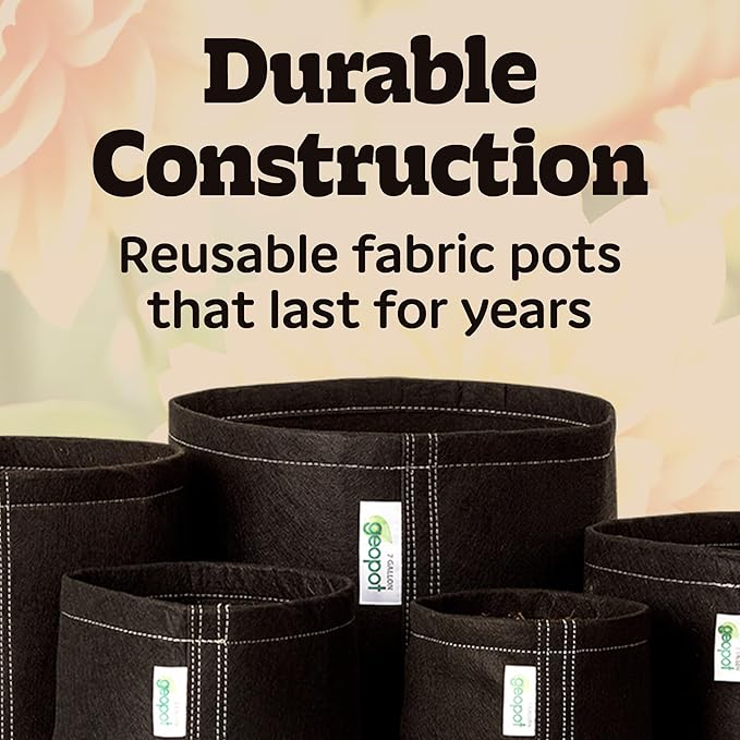 GeoPot 10 Gallon Fabric Grow Bags for Vegetables, Houseplants, Herbs & Flowers |5-Pack| Fabric Pots for Outdoors and Indoors, Aerated Fabric Grow Bags