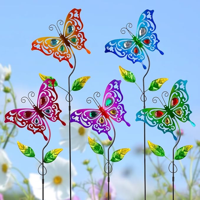 Butterfly Garden Decor for Outside,Colourful Butterfly Decorations Garden Kit 5 Pcs with Gems,Metal Yard Art Outdoor Garden Stakes Decorative Patio Home Decor
