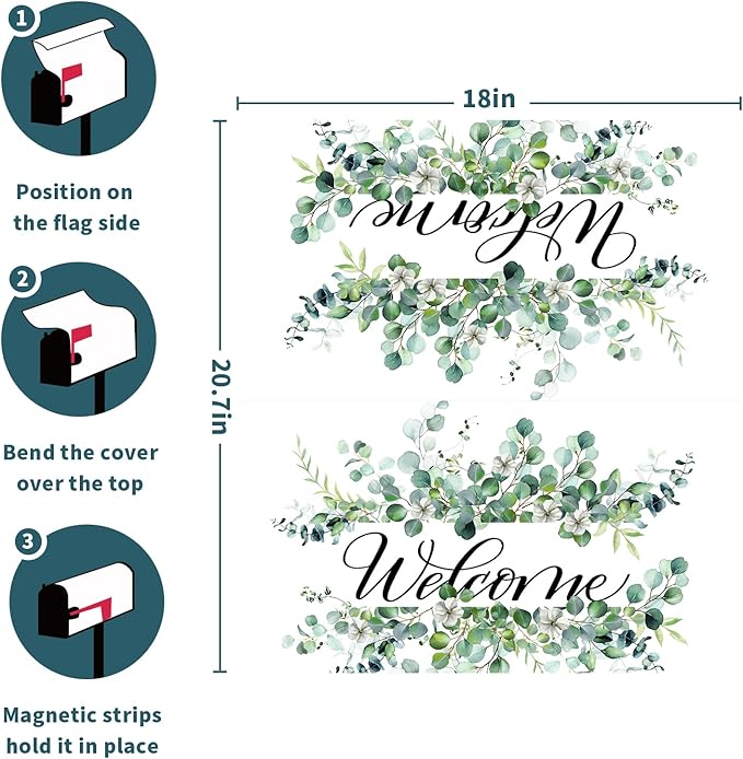 Welcome Spring Summer Mailbox Covers Magnetic- Standard Size 21x18 Inch- Sage Green Eucalyptus Leaves Wreath Mailbox Wrap Letter Post Cover Decoration for Yard Garden Outdoor Home