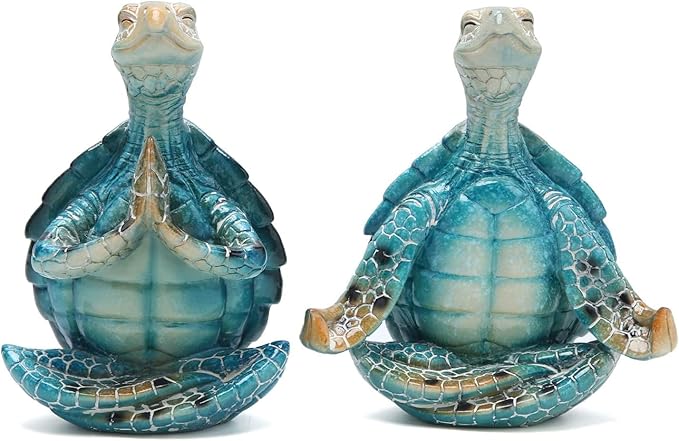 Set of 2 Sea Turtle Yoga Figurines - Summer Meditating Turtle Decor for Spring Garden, Home Office Decorations
